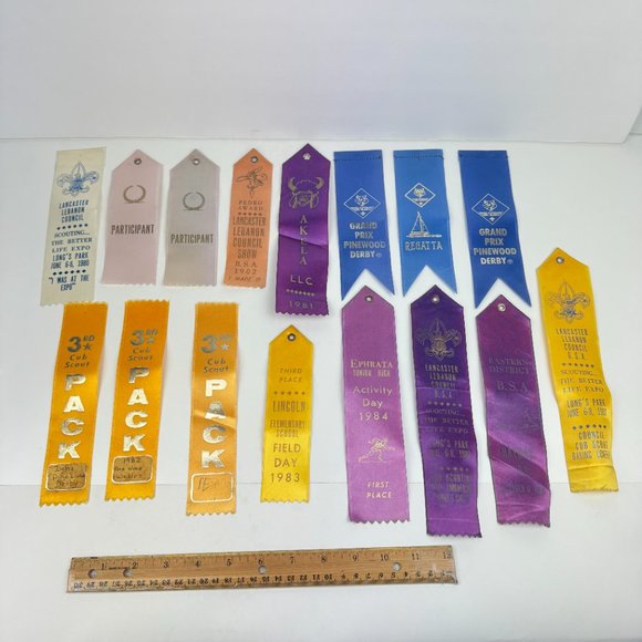 16 Vtg 80s Boy Cub Scouts America Used Ribbons Award Pinewood Derby Lancaster PA - Picture 1 of 11